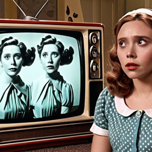 Home 4 **Prompt:** Elizabeth Olsen as Wanda Maximoff in "WandaVision," styled like a classic sitcom housewife from the 1950s, but with subtle hints of chaotic magic swirling around her. Emphasize the duality of domestic bliss and underlying emotional turmoil, showcasing her ability to transform into different sitcom eras. A vintage TV screen should be partially visible in the background, creating a meta-narrative effect.