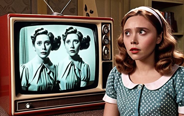 **Prompt:** Elizabeth Olsen as Wanda Maximoff in "WandaVision," styled like a classic sitcom housewife from the 1950s, but with subtle hints of chaotic magic swirling around her. Emphasize the duality of domestic bliss and underlying emotional turmoil, showcasing her ability to transform into different sitcom eras. A vintage TV screen should be partially visible in the background, creating a meta-narrative effect.