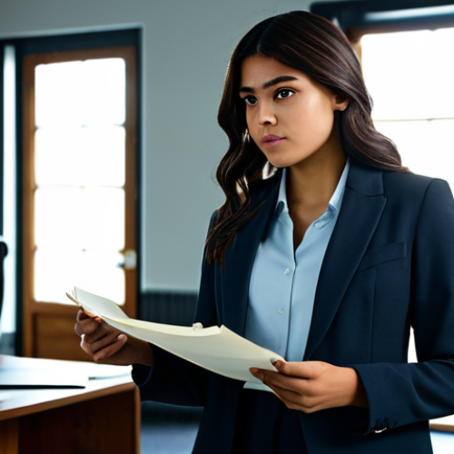 A determined young Latina actress, fully clothed in a modest, professional blazer and tailored trousers, appropriate attire, professional dress, holding a script in a sunlit, slightly aged casting office. She has perfect anatomy, correct proportions, and a natural pose, exhibiting well-formed hands and proper finger count. The atmosphere is hopeful and resilient. Professional photography, sharp focus, cinematic lighting, high quality. safe for work, appropriate content, fully clothed, modest clothing, family-friendly.