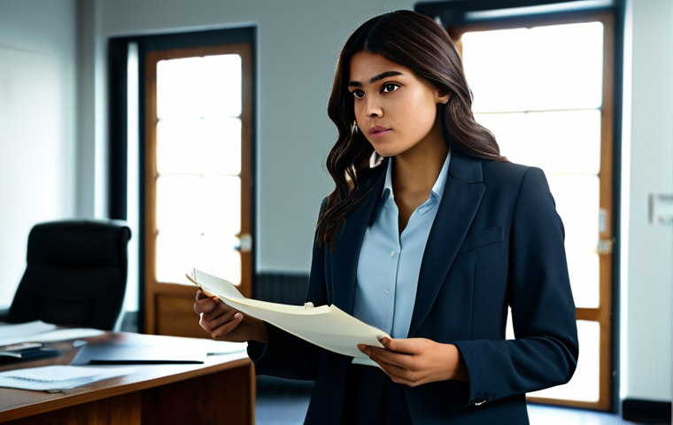 A determined young Latina actress, fully clothed in a modest, professional blazer and tailored trousers, appropriate attire, professional dress, holding a script in a sunlit, slightly aged casting office. She has perfect anatomy, correct proportions, and a natural pose, exhibiting well-formed hands and proper finger count. The atmosphere is hopeful and resilient. Professional photography, sharp focus, cinematic lighting, high quality. safe for work, appropriate content, fully clothed, modest clothing, family-friendly.