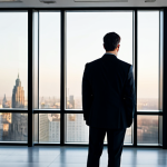 A professional individual, fully clothed in a modest, dark business suit, stands in a brightly lit, minimalist modern office. The person's posture is composed and outwardly serene, but a subtle, pensive expression on their face suggests a rich inner world of thought and quiet contemplation. The background features blurred contemporary office furniture and large windows overlooking a calm city skyline at dusk, emphasizing a contrast between external order and internal reflection. perfect anatomy, correct proportions, natural pose, well-formed hands, proper finger count, natural body proportions, professional photography, high quality, safe for work, appropriate content, family-friendly.
