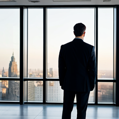 A professional individual, fully clothed in a modest, dark business suit, stands in a brightly lit, minimalist modern office. The person's posture is composed and outwardly serene, but a subtle, pensive expression on their face suggests a rich inner world of thought and quiet contemplation. The background features blurred contemporary office furniture and large windows overlooking a calm city skyline at dusk, emphasizing a contrast between external order and internal reflection. perfect anatomy, correct proportions, natural pose, well-formed hands, proper finger count, natural body proportions, professional photography, high quality, safe for work, appropriate content, family-friendly.
