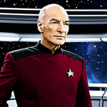 **Prompt:** Captain Jean-Luc Picard in his Starfleet uniform, standing on the bridge of the Enterprise-D, gazing thoughtfully at a star chart, fully clothed, safe for work, appropriate content, professional, perfect anatomy, correct proportions, natural pose, high quality, detailed background. Picard should look wise and contemplative. The bridge should be brightly lit and show advanced technology.