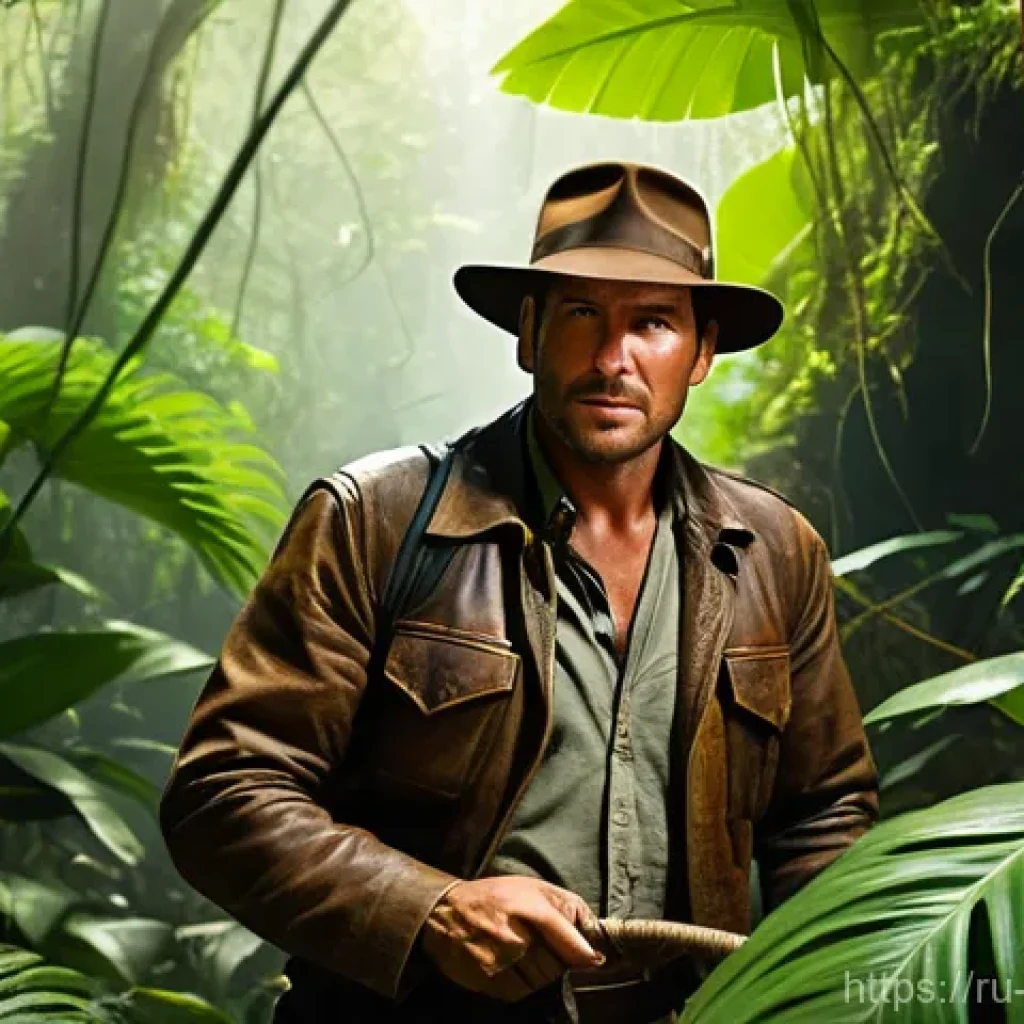 Harrison Ford와 인디아나 존스 복귀 - A rugged, charismatic archaeologist, reminiscent of a classic Indiana Jones in his prime, wearing hi...