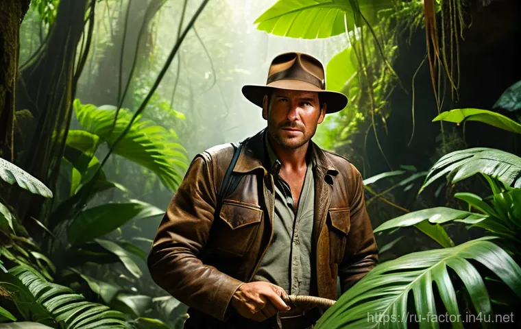 Harrison Ford와 인디아나 존스 복귀 - A rugged, charismatic archaeologist, reminiscent of a classic Indiana Jones in his prime, wearing hi...