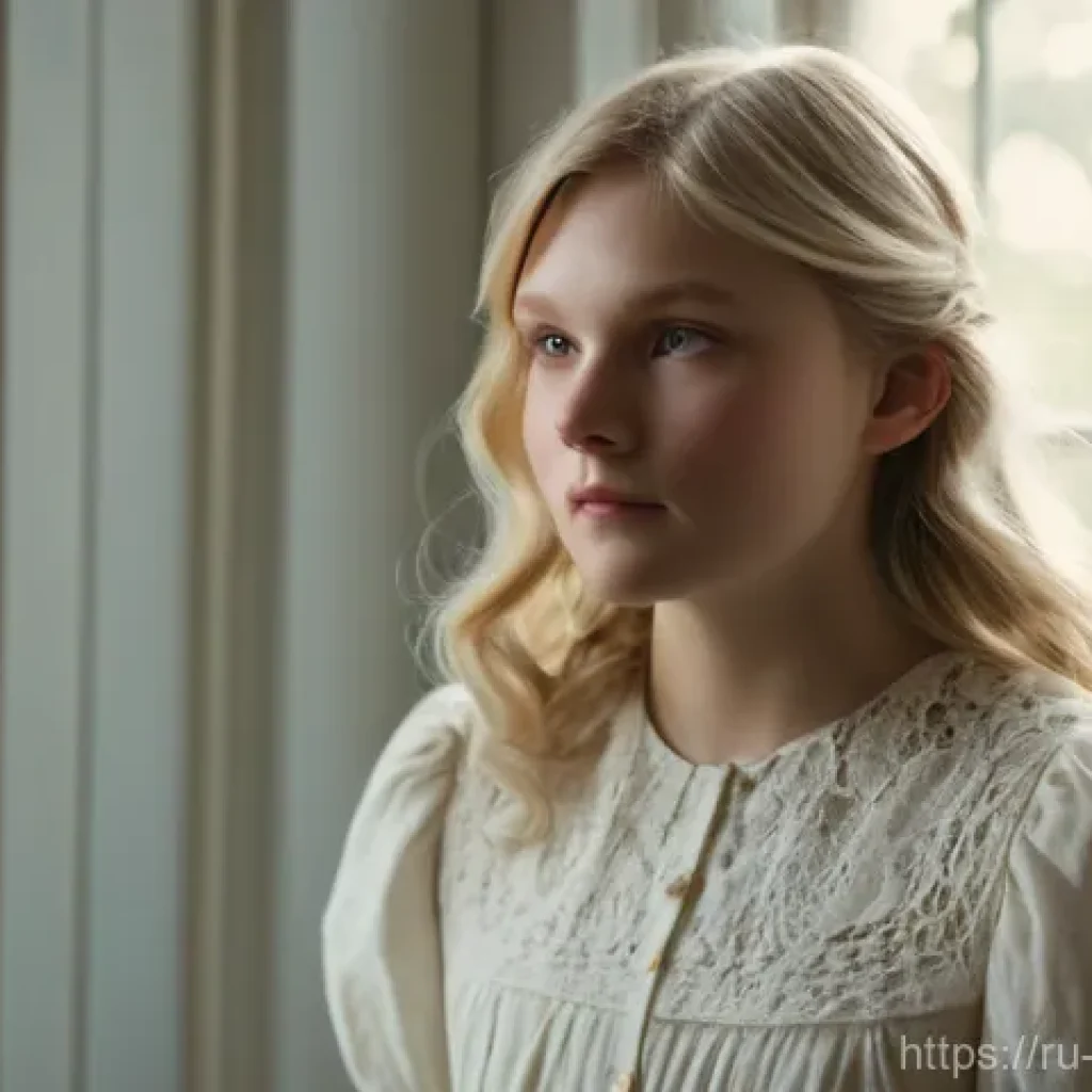 Kirsten Dunst의 아이코닉 역할들 - A young girl, reminiscent of early Kirsten Dunst, with a mysterious and melancholic gaze. She has li...