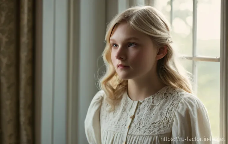 Kirsten Dunst의 아이코닉 역할들 - A young girl, reminiscent of early Kirsten Dunst, with a mysterious and melancholic gaze. She has li...