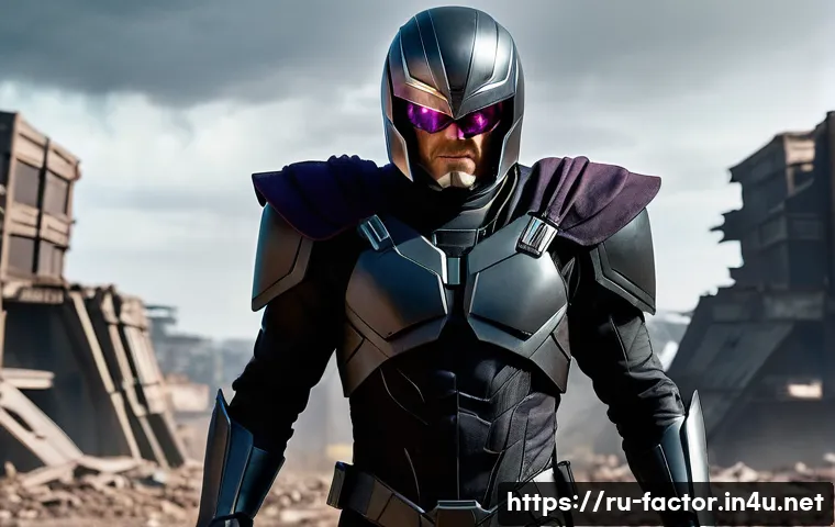 Michael Fassbender의 빌런 역할 분석 - A compelling depiction of Michael Fassbender as Magneto, mid-action, wearing his iconic, dark, and a...