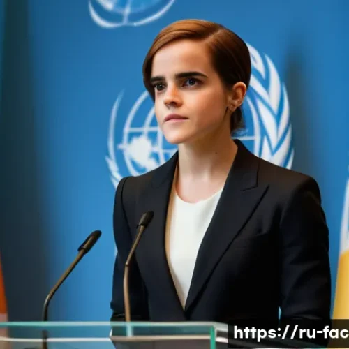 Home 33 Emma Watson의 여성 인권 운동 - A confident female public speaker resembling Emma Watson standing at a podium during a United Nation...