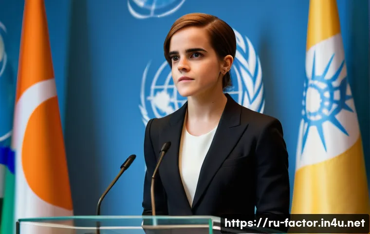 Emma Watson의 여성 인권 운동 - A confident female public speaker resembling Emma Watson standing at a podium during a United Nation...