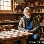 Home 20 Daniel Day Lewis의 은퇴 선언 배경 - A thoughtful middle-aged man resembling a seasoned actor, sitting peacefully in a rustic woodworking...