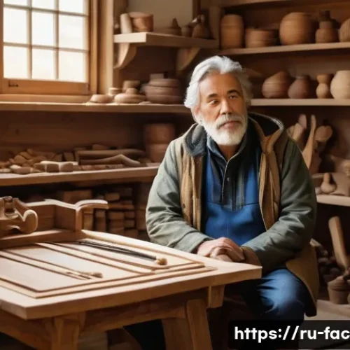 Home 32 Daniel Day Lewis의 은퇴 선언 배경 - A thoughtful middle-aged man resembling a seasoned actor, sitting peacefully in a rustic woodworking...