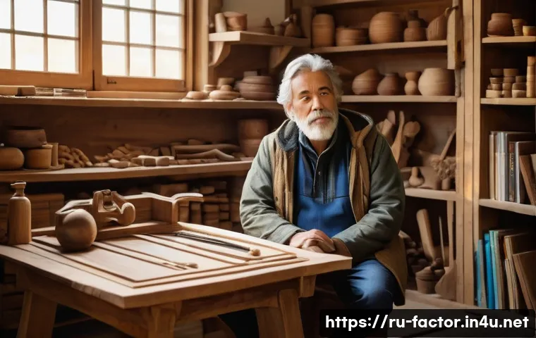 Daniel Day Lewis의 은퇴 선언 배경 - A thoughtful middle-aged man resembling a seasoned actor, sitting peacefully in a rustic woodworking...