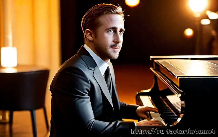 Home 17 Ryan Gosling과 La La Land 성공 스토리 - Photorealistic cinematic portrait of Ryan Gosling seated at a grand piano on an elegant Los Angeles ...